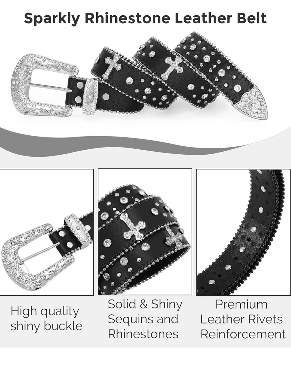 Sparkly Rhinestone Diamond Sequin Cross Studded Black Western Belt for Men/Women - Picture 2 of 6